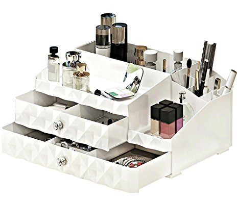 MaxKim Multi-function Makeup Jewelry Organizer 2 Drawer with 13 Compartments for all of your Cosmetics, Jewelries, Nail Polishes etc, Cosmetic Storage Box(M)