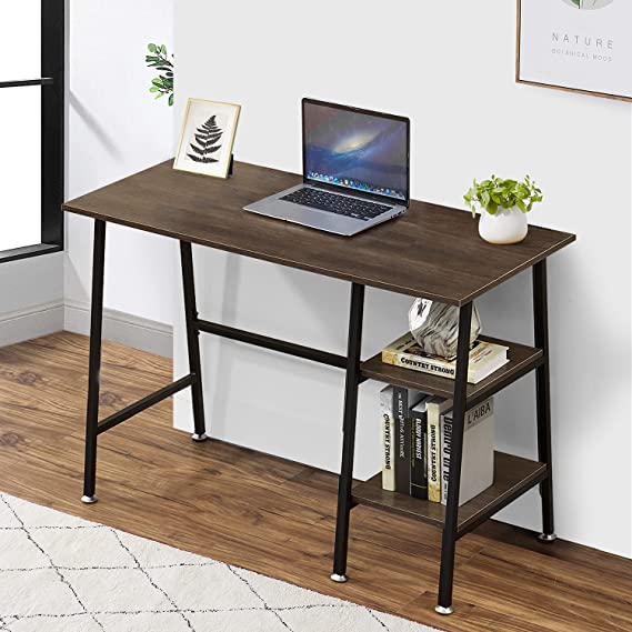 VECELO 43" Home Office Desk, Computer Study Workstation with 2 Tier Storage Shelf on Left or Right for Kids'Room, Small Spaces, Ladder, Coffee Black Leg