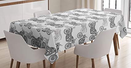 Ambesonne Motorcycle Tablecloth, Realistic Grayscale Illustration of Classic Motorcycles with Many Details, Dining Room Kitchen Rectangular Table Cover, 60 W X 84 L Inches, Grey White Black