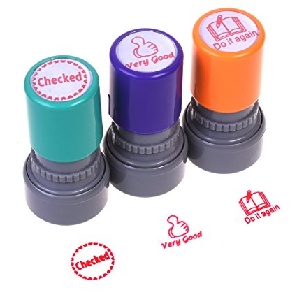 COSMOS Pack of 3 Teachers Self-inking Rubber Stamps Teacher Review Stamps, Handle in Random Color