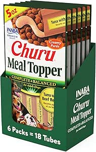 INABA Churu Meal Topper for Dogs, Complete & Balanced, Creamy, Lickable Purée Dog Food Toppers, 1.69 Ounce Tube, 18 Tubes (3 per Pack), Tuna with Beef Recipe