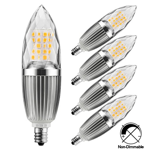 HzSane LED Candelabra Bulbs,Crystal Bulbs, 12W Warm White 3000K LED Candle Bulbs, 85-100 Watt Light Bulbs Equivalent, E12 Candelabra Base,1200 Lumens LED Lights,NOT Dimmable,Torpedo Shape. (Pack of 5)