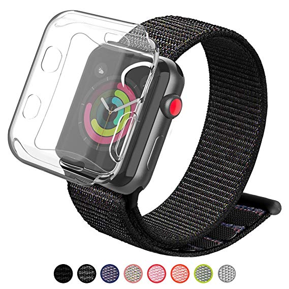 YIUES Compatible with Apple Watch Band 38mm 42mm with Case, Soft Breathable Lightweight Nylon Sport Loop, Adjustable Sport Loop Band Compatible with Apple Watch Series 3/2/1