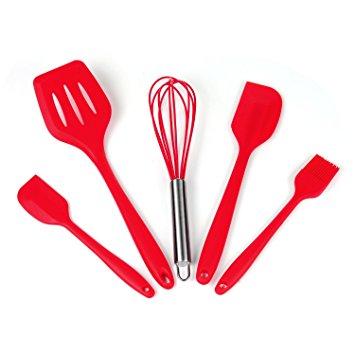 iLOME Silicone Spatula Utensil Set Heat-Resistant Non-stick Cooking Baking Utensils with Hygienic Solid Coating Spatula Set 5 Pieces(Red)