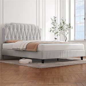 Yaheetech Lit 140x200 cm avec Sommier, Lit Double pour Adultes, 2 Personnes à Deux Places, Cadre de Lit Capitonnée, Réglable en Hauteur, en Bois Massif et Métal, Beige