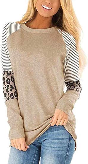 BUILT CLEAR Women's Soft Long Sleeve Raglan Tunic Leopard Print Stripe Patchwork Color Block Round Neck Fashion T Shirt Top