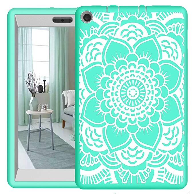 Hocase Fire HD 8 2017 Girls Case Drop Resistant Hybrid Dual Layer Protective Hard Rubber Case with Cute Flower Design for Fire HD 8 Tablet (7th Generation) - Teal / Grey