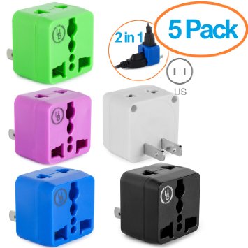 Yubi Power 2 in 1 Universal Travel Adapter with 2 Universal Outlets - Built in Surge Protector - 5 Pack - Green White Blue Purple Black - Type A for USA Japan China Canada Mexico and more