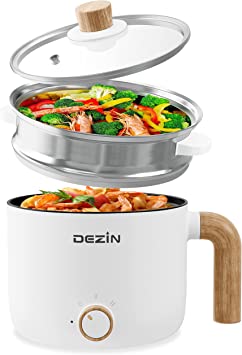 Dezin Electric Hot Pot, 1.5L Portable Ramen Cooker with Nonstick Coating, Mini Hot Pot for Dorm/Office/Travel, Multi-Function Electric Pot for Stir Fry, Steak, Noodles, Soup, Pasta (Egg Rack Included)