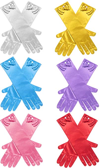 Zhanmai 6 Pairs Girls Satin Gloves Princess Dress Up Bows Gloves Long Formal Gloves for Party, Ages 3 to 8 Years Old
