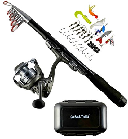 GoBackTrail FISHING ROD REEL COMBO - Carbon Fiber Collapsible Telescopic Spinning Rod & Reel Kit with Pocket Tackle Box – Hiking Backpacking Camping Boating Kayak Travel for Freshwater and Saltwater