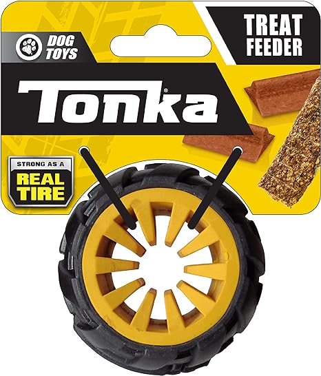Tonka Mega Tread Treat Holder Dog Toy, Lightweight, Durable and Water Resistant, 2.5 Inches, for Small/Medium/Large Breeds, Single Unit, Yellow/Black