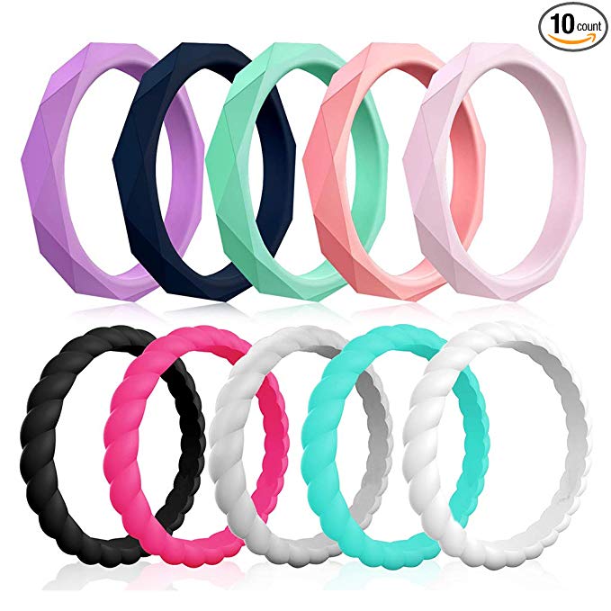 Silicone Wedding Rings for Women, 10-Pack Thin Rubber Wedding Bands Stackable Braided Ring, Affordable, Fashion, Colorful, Comfortable fit, Skin Safe