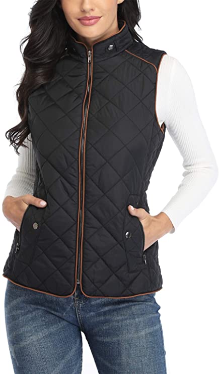 Dilgul Women Padded Vest Stand Collar Zip Up Puffer Lightweight Quilted Vest