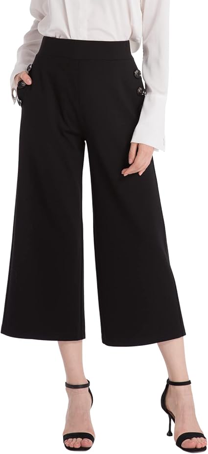 Ginasy Black Wide Leg Pants for Women Business Casual Dress Pants Stretch High Waist Crop Capris Culotte