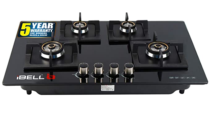 iBELL 590GH Hob Toughened Glass 4 Burner Top Gas Stove with Auto Ignition (Black)