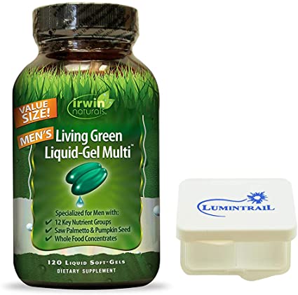 Irwin Naturals Men's Multivitamin Living Green Liquid-Gel Multi Essential Nutrients and Whole Foods Supplement - 120 Liquid Soft Gels Bundle with a Lumintrail Pill Case