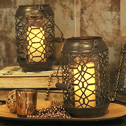 Valery Madelyn Decorative Candle Holder For Fireplace and Centerpiece, Metal Christmas Tea Light Holder with Detachable Cylindrical Glass Set Inside(Grid Pattern)