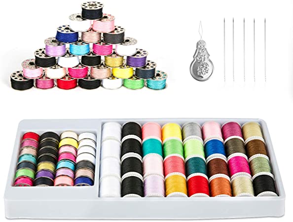 QUARKACE Mini Sewing Machine Thread, 60 Pieces Sewing Thread Kit Including Threaded Bobbins and Spools, Mixed Colors Machine Thread