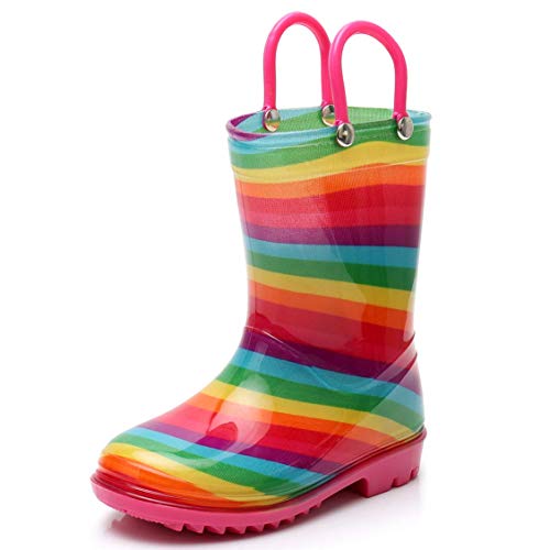 TRIPLE DEER Girl Rainbow Rain Boots Kids Lightweight Cute Waterproof Raining Shoes with Easy-on Handles