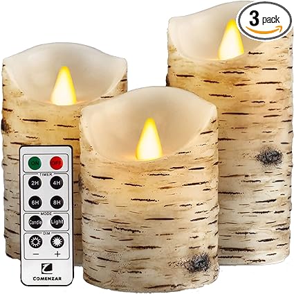 Comenzar Flameless Candles Birch Bark Candles LED Candles Birch Grain Candles(H: 456" x D: 3.25") Electric Candle Battery Operated Candles Faux Candles with Remote Timer Pack 3