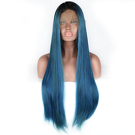 Ombre Dark Roots to Mixed Sapphire Blue Long Straight Lace Front Wigs For Women Synthetic Heat Resistant Hair Replacement Wigs With Baby Hair 22 inch