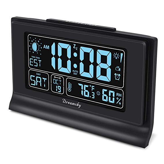 DreamSky Auto Set Alarm Clock with Indoor Temperature & Humidity, 6.6 Inch Large Display with Date, Weekday & Moon Phase, 6 Levels Brightness & Auto Dimmer, USB Charging Port, Auto DST, Backup Battery
