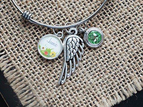 Sympathy Gift, Memorial Jewelry Bracelet, Personalized with Name and Flowers, Angel Wing, Birthstone