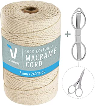 Macrame Cord 3mm x 240 Yards Length, 100% Natural Twisted Cotton Cord Perfect for Decorative Projects, Wall Hanging, Crafts, Plant Hangers, Macrame Supplies Bundle with Folding Scissors