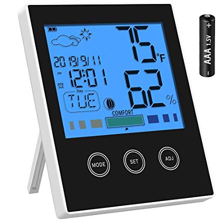 Newdora Room Thermometer Hygrometer Digital Temperature and Humidity Monitor Room Moisture Meter Alarm Clock for Home, Office, Baby Nursery Room with Time Date Weather