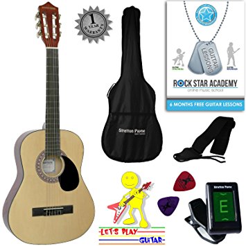 Acoustic Guitar Package 3/4 Sized (36' inch) Classical Nylon String Childs Guitar Pack Natural