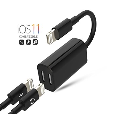 Dual Lightning Adapter Splitter Charging Cable For iPhone 7 Plus/ 8 / X, Houbox 2 in 1 Lightning to Lightning Audio Headphone Splitter For iPhone 7 Support Music Control And Calling (Black)