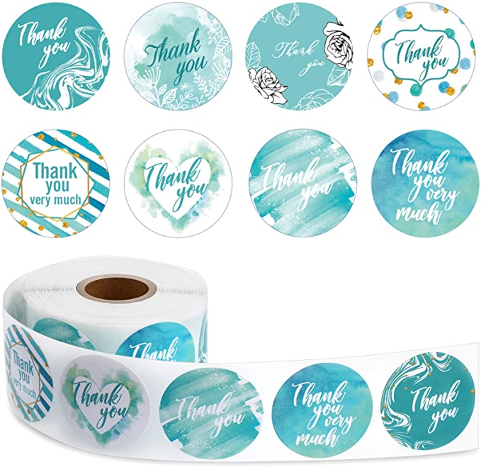 600 Pieces Thank You Roll Stickers Blue Watercolor Thank You Adhesive Stickers Business 1.5 Inch Thank You Envelope Sealing Stickers for Business Bridal Baby Shower Wedding, 8 Designs