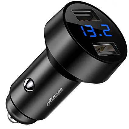 Car Charger, Fast Charge Metal USB 4.8A Car Adapter LED Display Car Voltage Detector Flush Fit for iPhone X/ 8/ 7/ 6s/ Plus, iPad Air 2/ mini 3, Galaxy S9/ S8/ S7 Edge LG V10/ V20, Nexus, HTC - Black