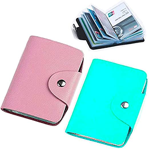 48pcs Transparent Plastic Vertical ID Credit Card Holder Protector Sleeve for Women's and Girl Mini Unisex Small Leather 2 Pack (Pink Blue)