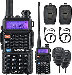 BAOFENG UV-5R 5W Ham Radio Walkie Talkie Dual Band Two Way Radio with Radio Case, Earpiece and Hand Mic (2 Pack)