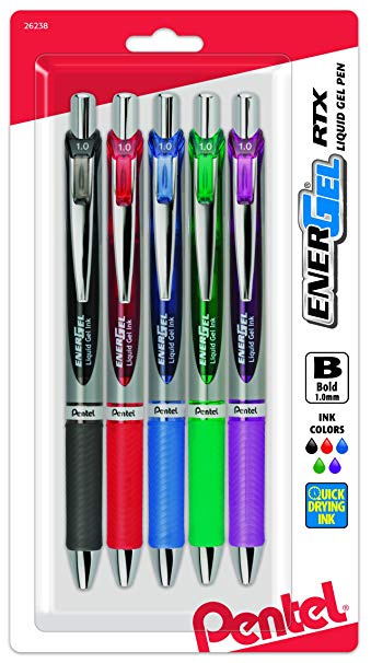 Pentel Energel Rtx Retractable Liquid Gel Pen, Bold Line, Metal Tip, Assorted Ink Pack of 5 (BL80BP5M)