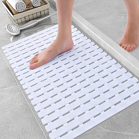 OLANLY Shower Mat Non Slip, 27.5x15.5 Bathtub Mats, Machine Washable Bath Mat for Tub with Drain Holes and Suction Cups to Keep Floor Clean, Soft on Feet, Bathroom Accessories, White