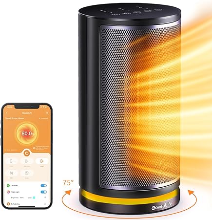 GoveeLife Smart Space Heater, Electric Space Heater with Thermostat, Wi-Fi & Bluetooth App Control, Works with Alexa & Google Assistant, 1500W Ceramic Heater for Bedroom, Indoors, Office, Living Room