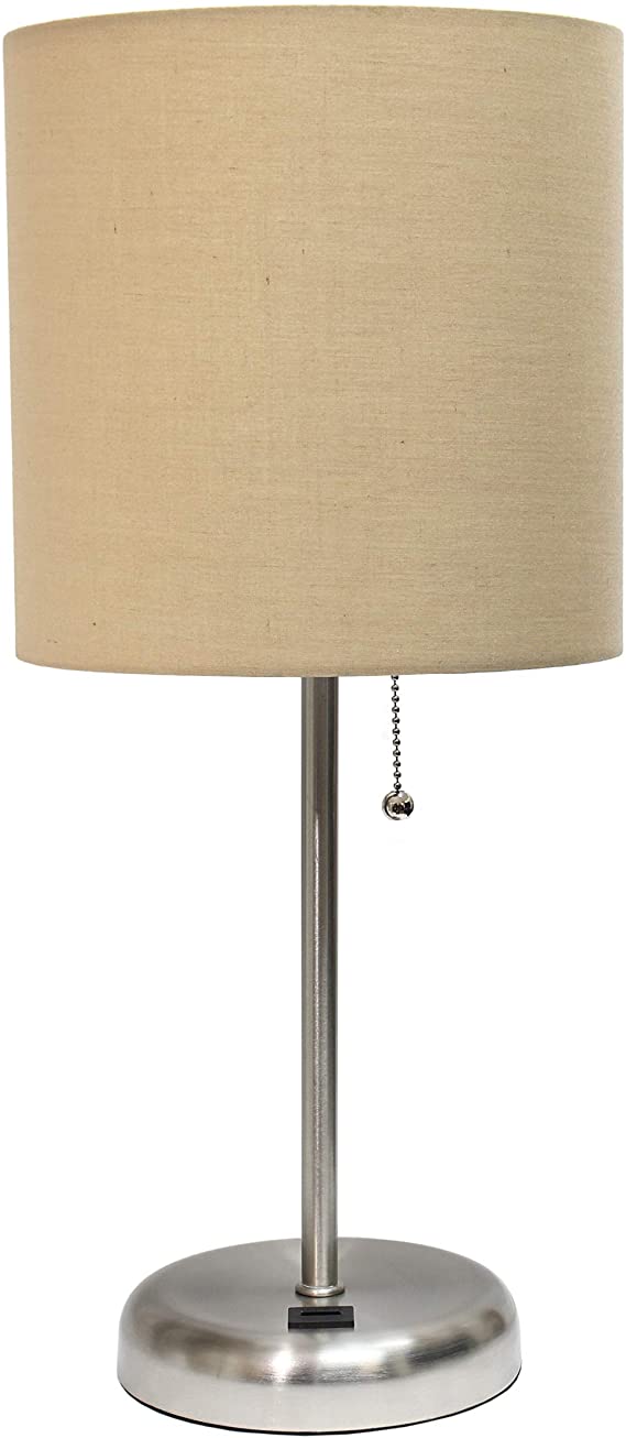 Limelights LT2044-TAN Stick USB Charging Port and Fabric Shade Table Lamp, Brushed Steel/Tan