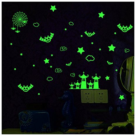 2 Sheets Glow in the Dark Wall Decals Stickers for Windows,Wall or Car Deocration DIY Halloween Party colorful PVC Decorative Bats Stars Wall Decal Sticker, Eve Decor Home Decoration