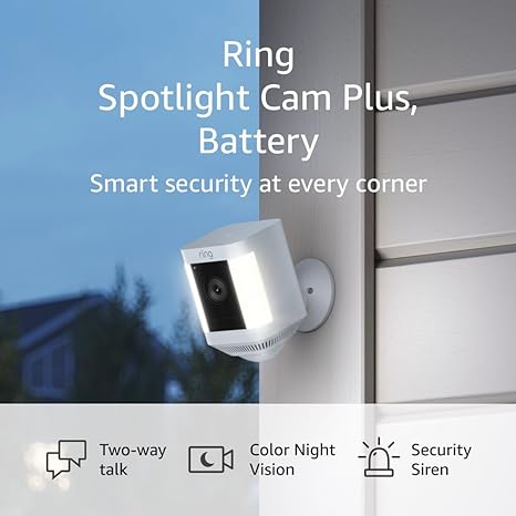 Ring Spotlight Cam Plus, Battery | Two-Way Talk, Color Night Vision, and Security Siren (2022 release) | 2-pack, White