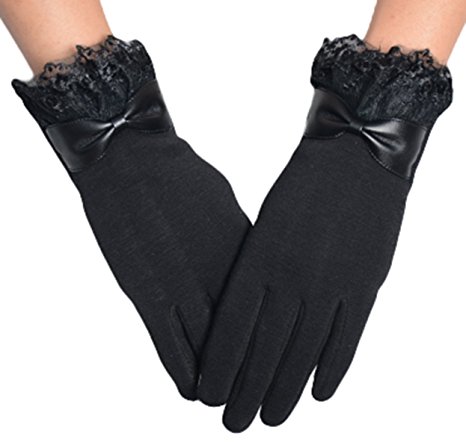 Knolee Women's Bow Lace Glove Touch Screen Lined Thick Warmer Winter Gloves