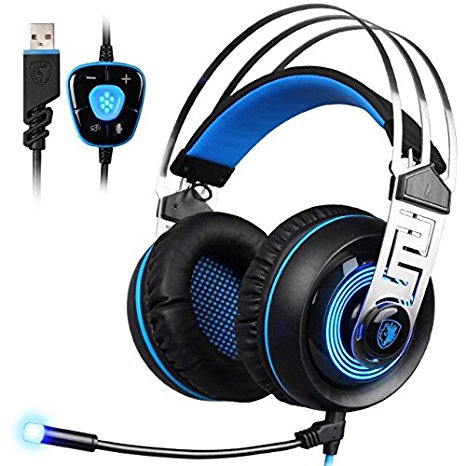 SADES A7 7.1 Virtual Surround Sound USB Gaming Headset with Microphone Intelligent Noise Cancelling LED Light for Laptop PC Mac (Black&Blue)