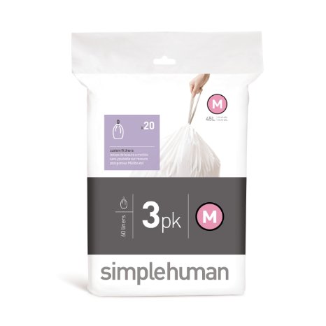 simplehuman code M custom fit liners, 3 refill packs, (60 liners), Code M - 45L / 12 Gallon, White