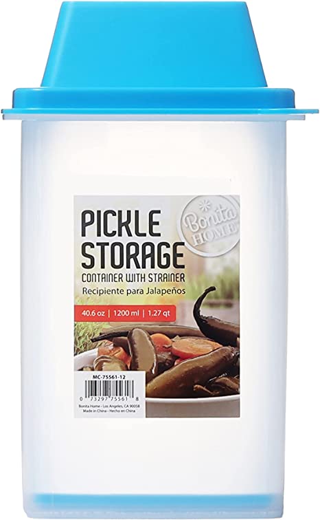Bonita Home Pickle Storage Container with Strainer | Lift, Drain and Store Condiment Food Saver Jar with Snap Lid | 40.6 oz, 7.5" H x 4.25" W x 4.25" L (Blue)