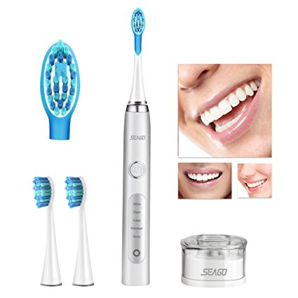 Electric Toothbrush, Seago Rechargeable Sonic Toothbrush with 40000 Strokes per Minutes, Patented Twin-engine, IPX7 Waterproof, 5 Modes and 3 Free Replacement Brush Heads - White