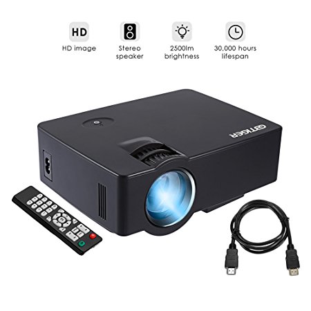 GBTIGER Full HD 2500 Lumens Projector Portable Mini Home Theater 800 x 480 Pixels Support 1080P with VGA HDMI USB SD Card Slot for Home Theater Video Projector Cinema Movie Party Games, Black