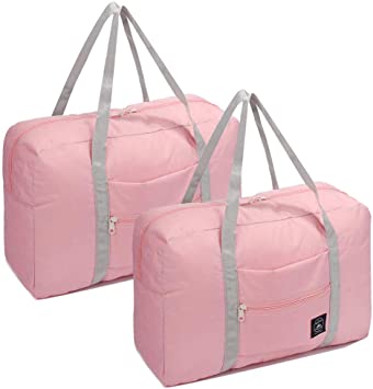 2 Pack Foldable Travel Duffel Bag, Lightweight Carry On Luggage Bag for Women and Men, Waterproof Multipurpose Sport Duffle for Sports, Gym, Vacation (pink)