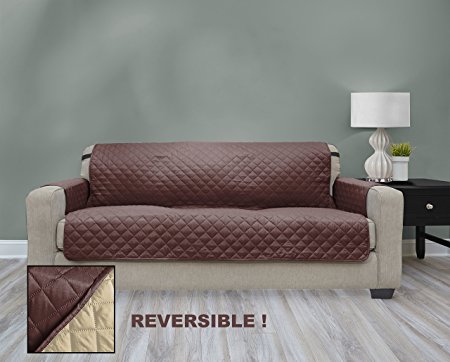 Premium Quality Reversible Couch Cover for Dogs, Kids, Pets - Sofa Slipcover Set Furniture Protector for 3 Cushion Couch, Recliner, Loveseat and Chair (Extra Wide Couch / Sofa, Rich Chocolate / Beige)